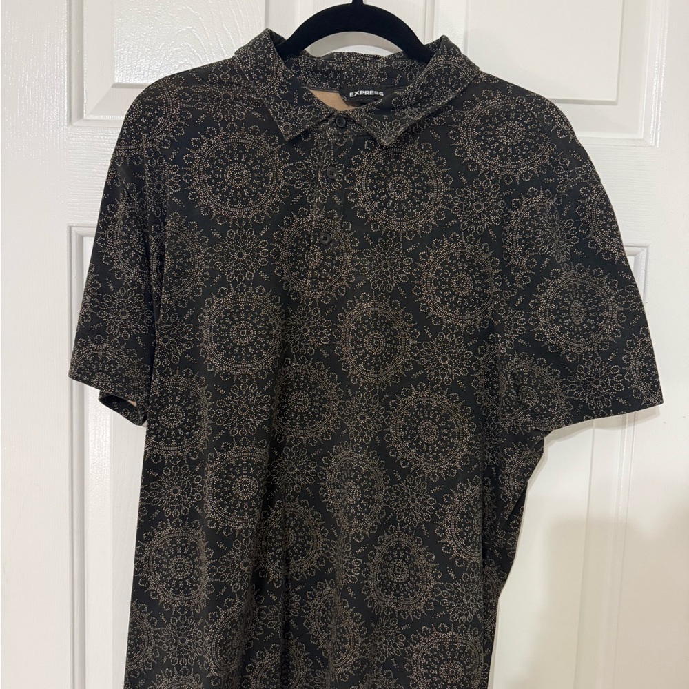 Express Black and Tan Patterned Polo Shirt